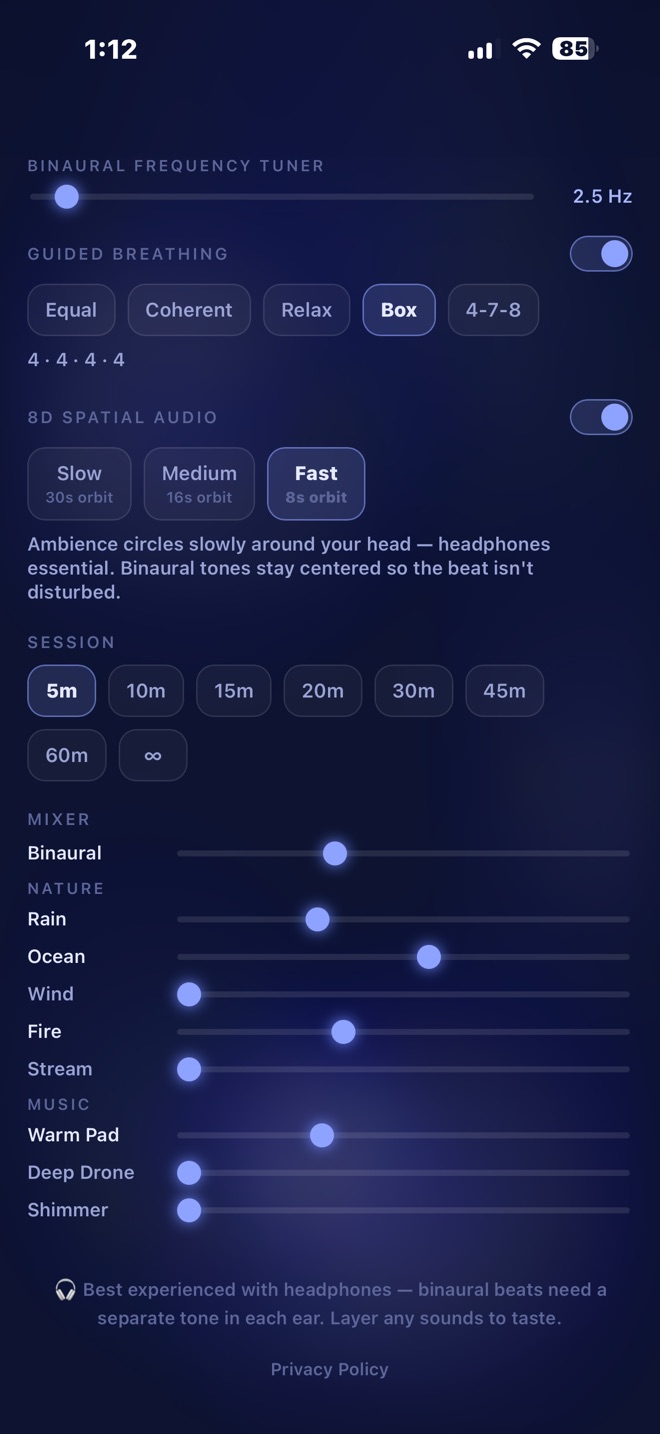 Ambient mixer with rain, ocean, wind, fire, stream and music pads